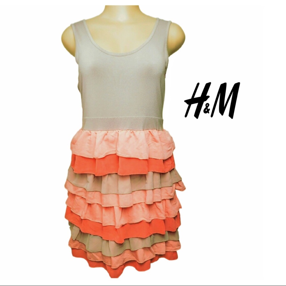 H&M Taupe & Coral Multi Tiered Mini Dress LG EUC